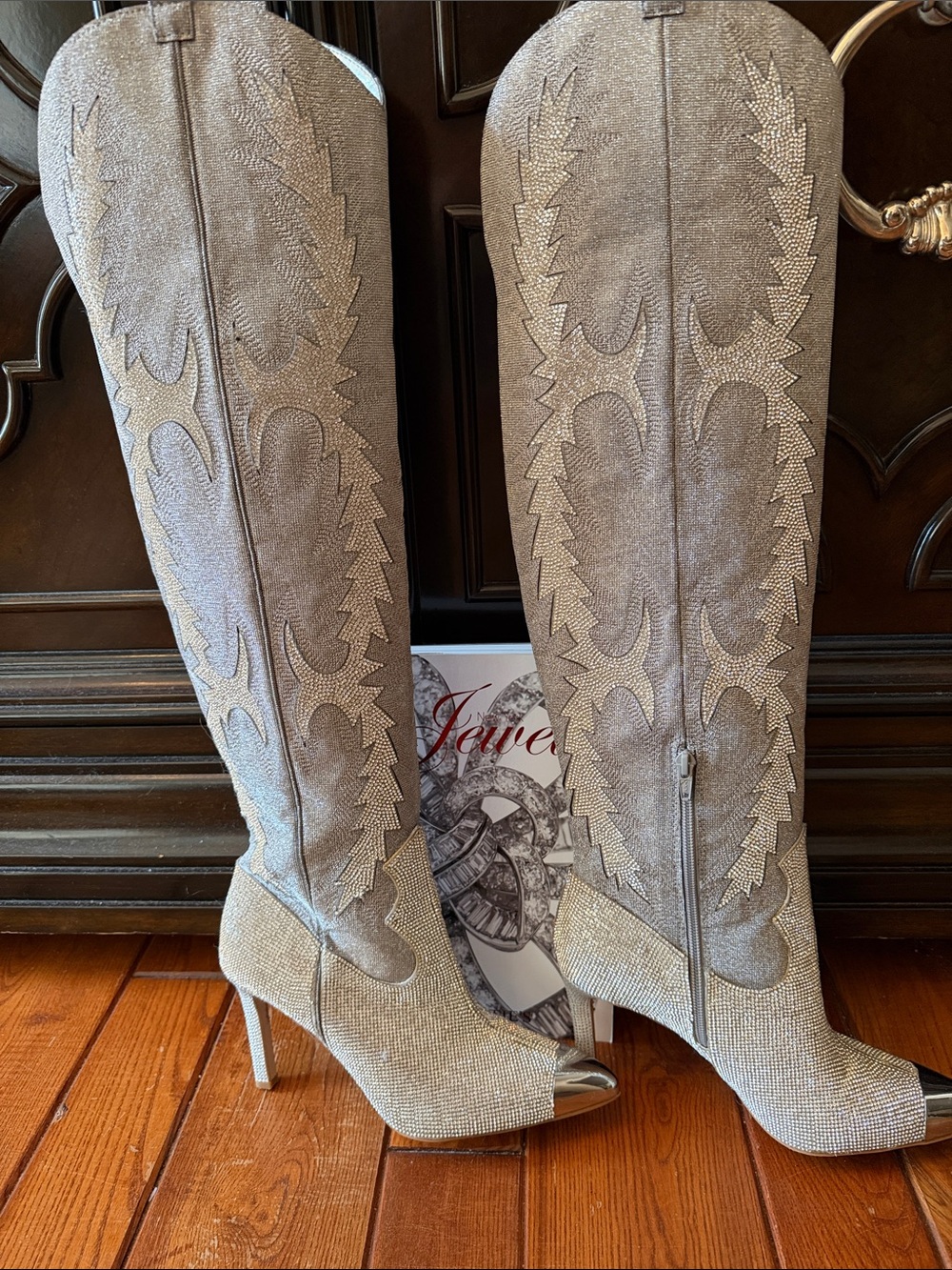 Gianni Bini Silver Rhinestone Over-the-Knee Western Stiletto Boots - Picture 4 of 11